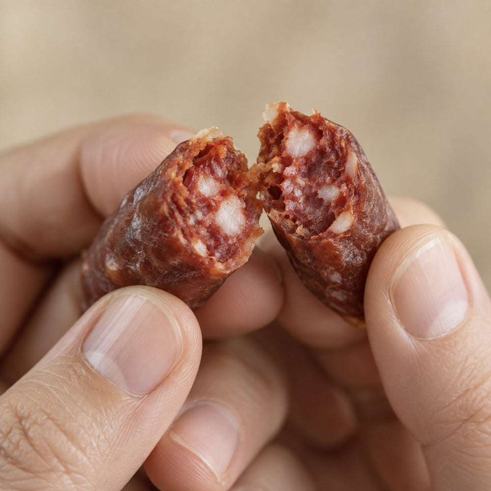 A chorizo stick snapped in half showing the tender inside
