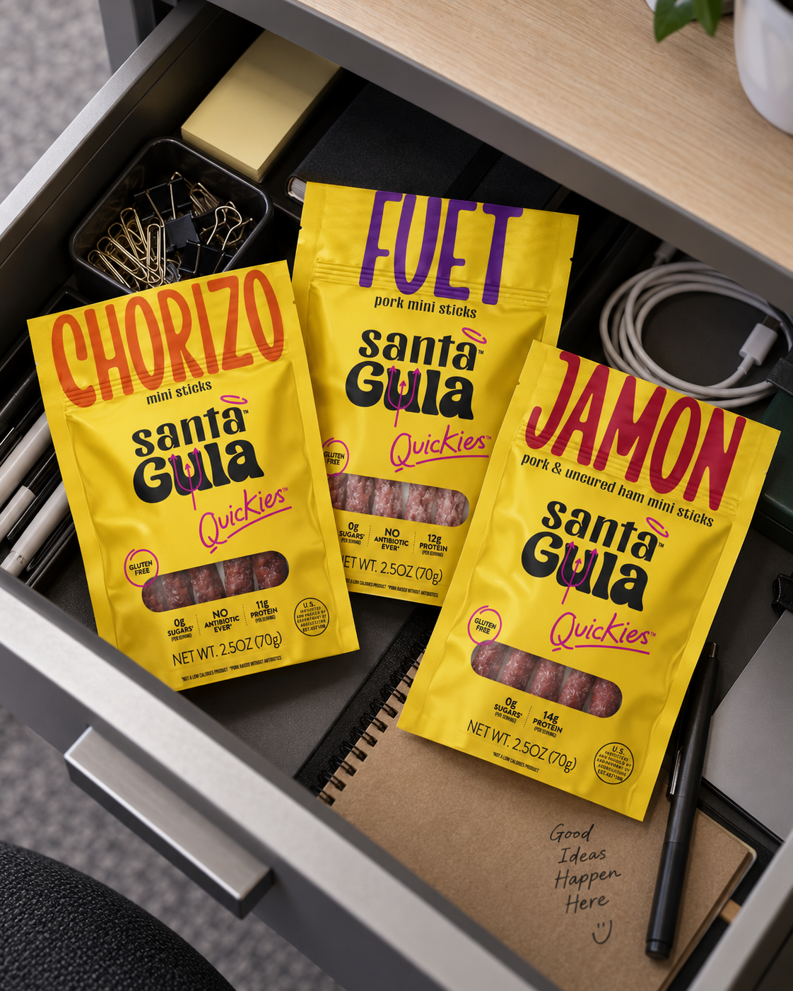 A sealed pouch in a desk drawer