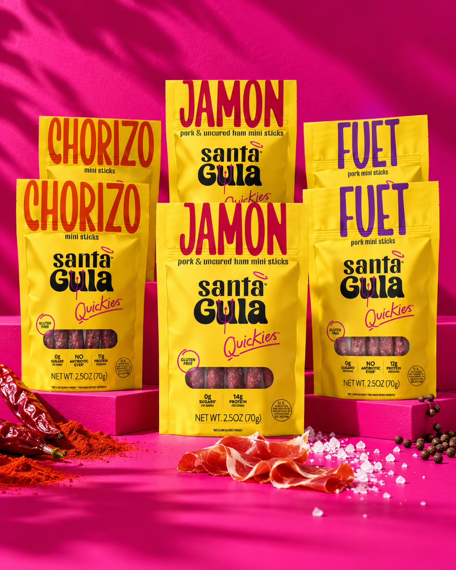 Santa Gula Variety 6-Pack — two pouches each of Chorizo, Jamón and Fuet