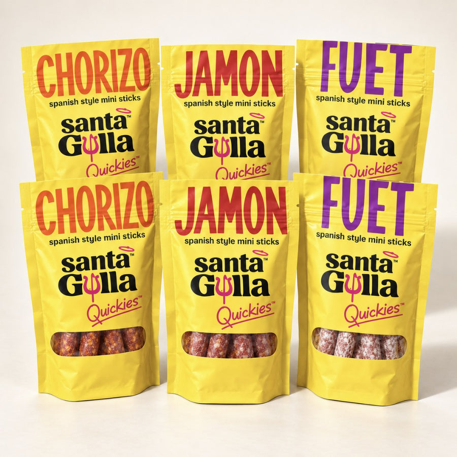 Santa Gula Variety 6-Pack — two pouches each of Chorizo, Jamón and Fuet