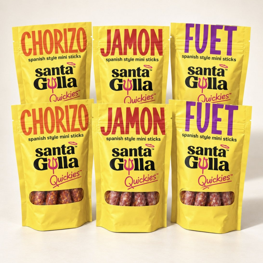 Santa Gula Variety 6-Pack — two pouches each of Chorizo, Jamón and Fuet