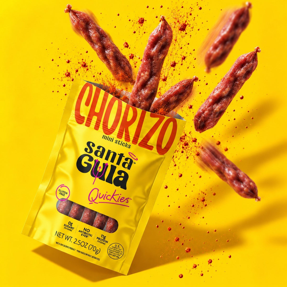 Chorizo sticks bursting from the pouch