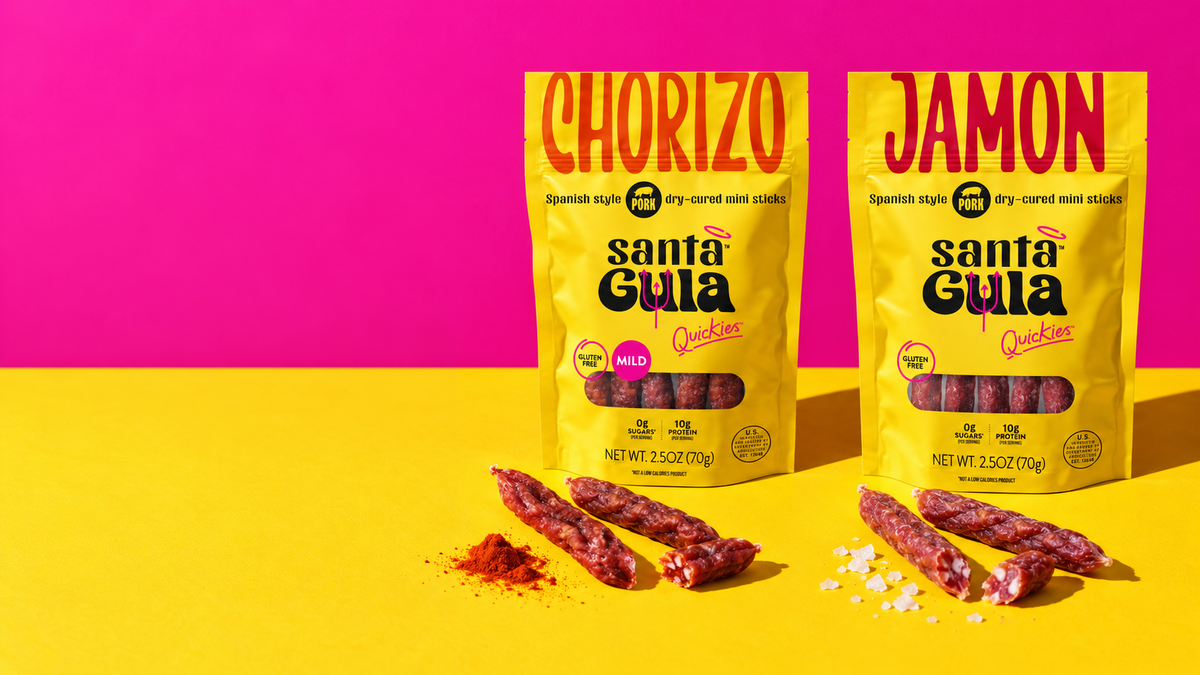 Current Jamón and Chorizo Quickies packaging; box contains 6 bags of each flavor, photo shows two bags