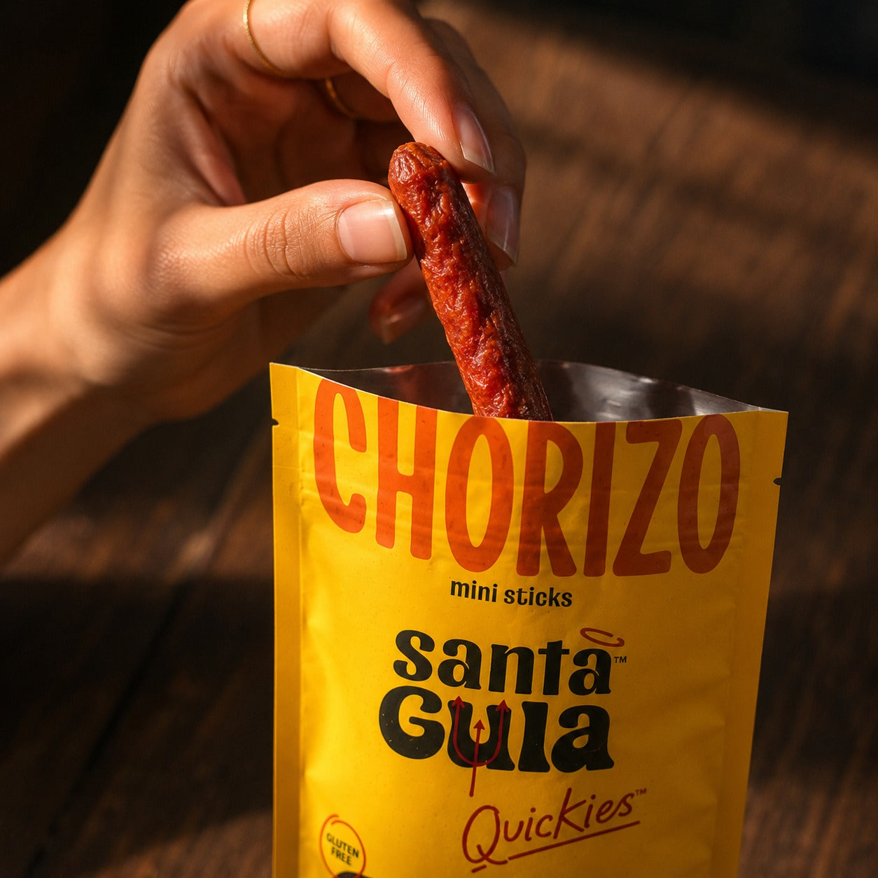 A Santa Gula Chorizo Quickie pulled from the pouch — tender, slow-cured
